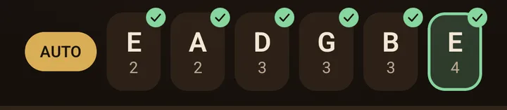 An AUTO chip beside six string tiles, E2 A2 D3 G3 B3 E4, each with a green tick, the last one highlighted