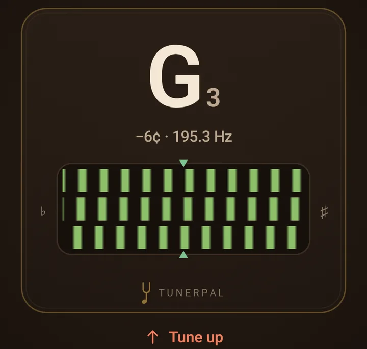The strobe view on the faceplate: a large G3 reading minus 6 cents and 195.3 Hz above three rows of green bars in a recessed window with green centre marks, between a flat and a sharp sign, and Tune up below