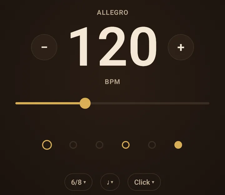 The Metronome tab while playing: Allegro, 120 BPM between minus and plus buttons, a tempo slider, six beat dots with accents on beats one and four and the sixth lit, and chips for 6/8, the note value and Click
