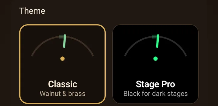 Settings, Theme: two preview cards, Classic (Walnut & brass) selected with a gold outline, and Stage Pro (Black for dark stages), each with a small needle preview