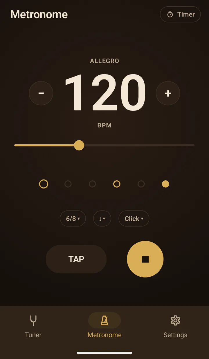 The Metronome tab playing 120 BPM, Allegro, in 6/8 with accents on beats one and four, the Click sound, a TAP button and a stop button