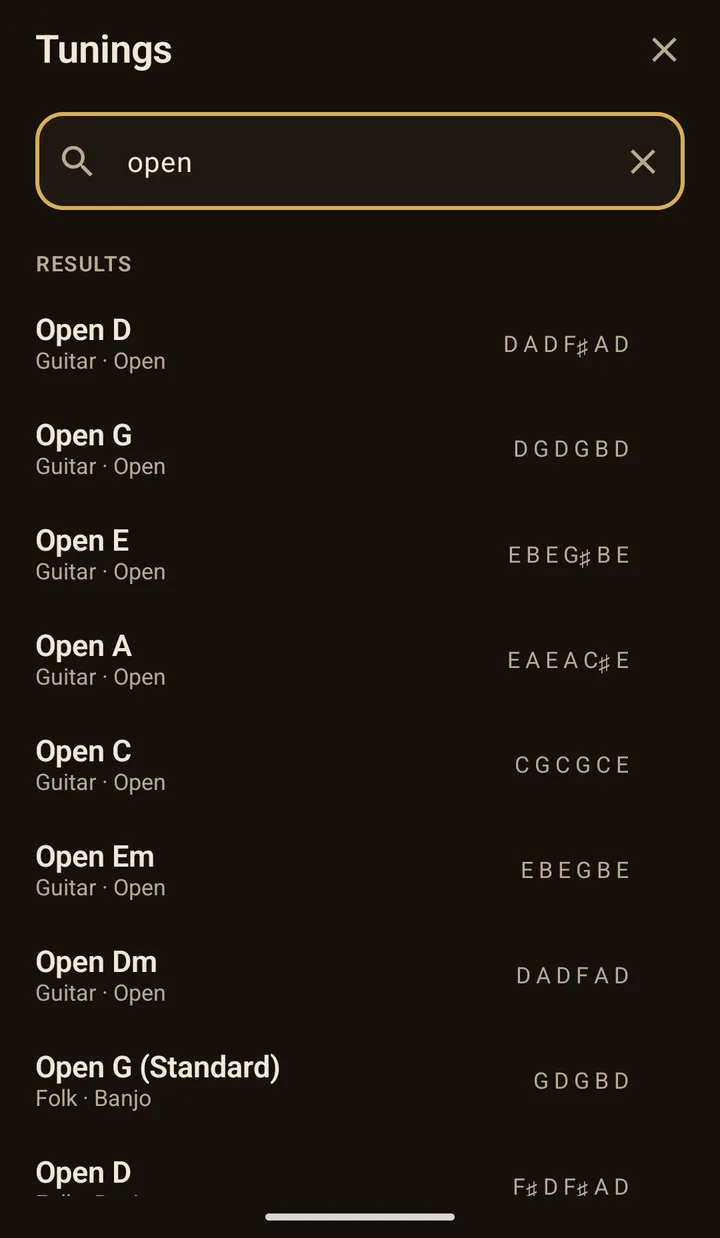 Tuning search for open, listing Open D, Open G, Open E, Open A, Open C, Open Em, Open Dm and Open G for banjo with their notes