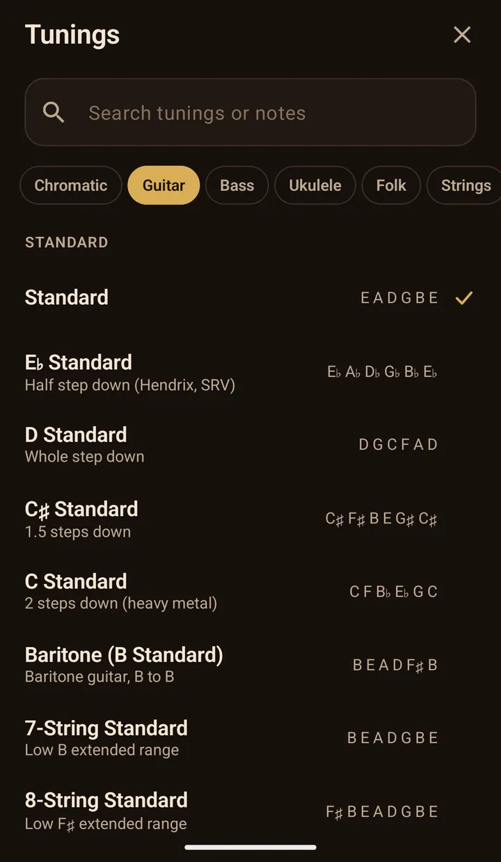 The Tunings sheet: search, family chips with Guitar selected, and a list starting with Standard, E flat Standard, D Standard, C sharp Standard, C Standard, Baritone, 7-String Standard and 8-String Standard