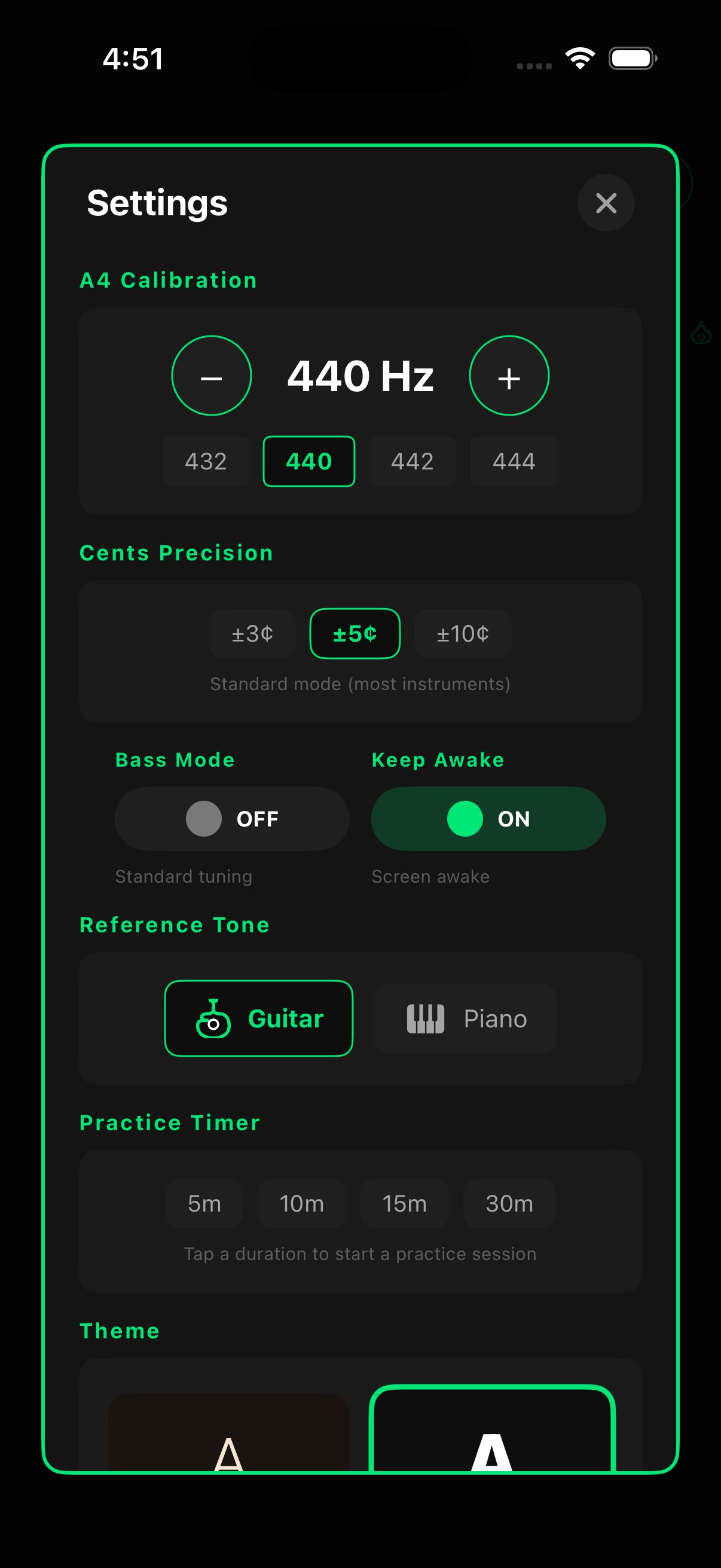 Settings - 440Hz, Cents Precision, Themes, Practice Timer