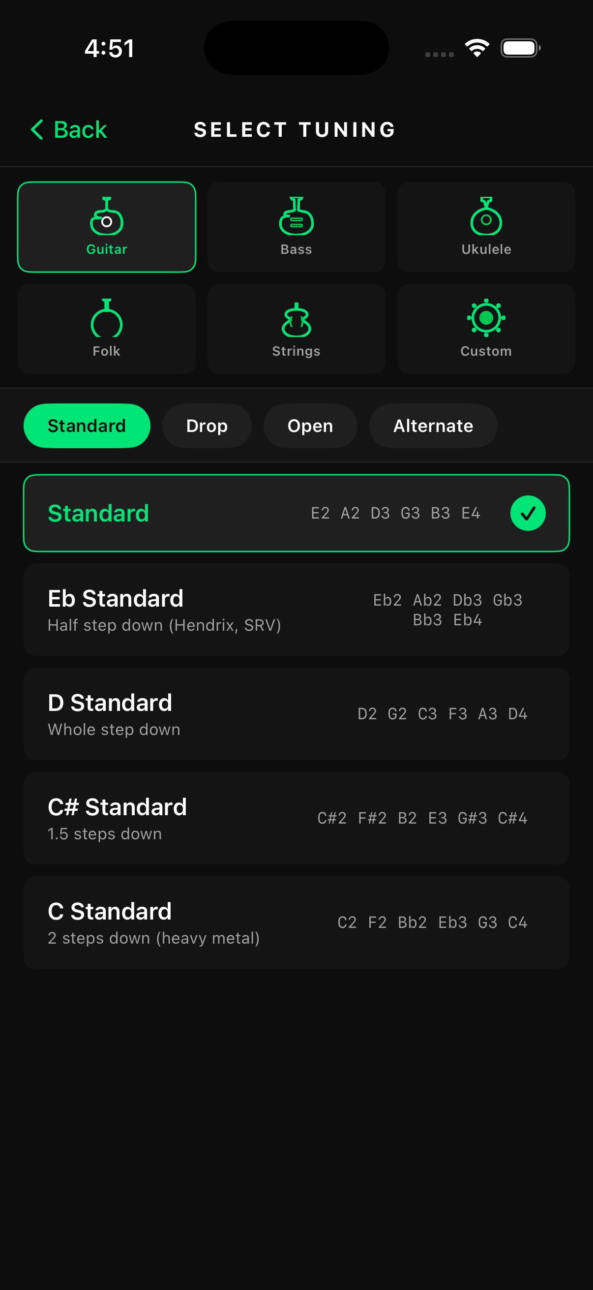 Select Tuning - Guitar, Bass, Ukulele, Folk, Custom